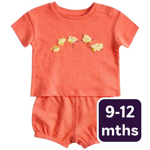 M&S Unisex 2 Piece Pure Cotton Popcorn Outfit, 9-12 M, Bright Coral