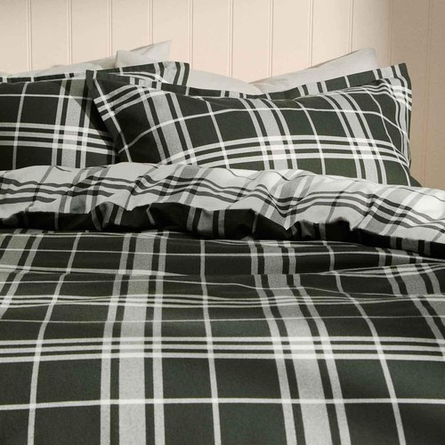 M&S Brushed Cotton Checked Bedding Set, Double, Green