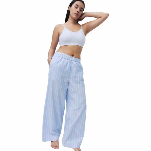 M&S Womens Pure Cotton Striped Wide Leg Pyjama Bottoms, 14, Blue