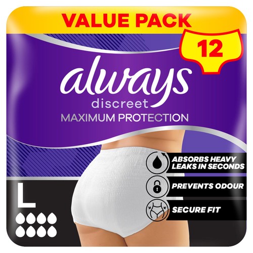 Always Discreet Maximum Protection Pants Large Value Pack 12 Count