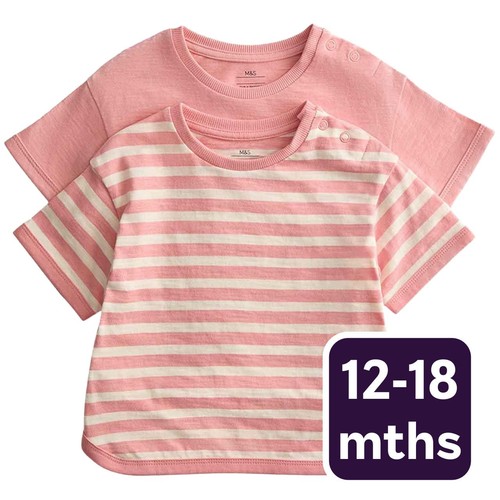 M&S Girls Pure Cotton Patterned Tops, 12-18 Months, Pink Mix