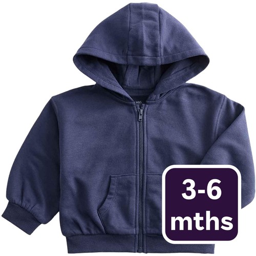 M&S Boys Cotton Rich Navy Zip Through Hoodie, 3-6 Months, Navy