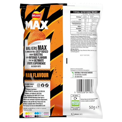 Walkers Max Punchy Paprika Crisps 50g
