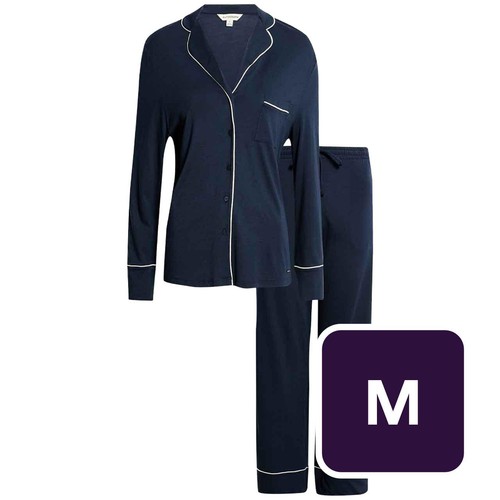 M&S Womens Autograph Cotton Modal Revere Pyjamas, M, Navy