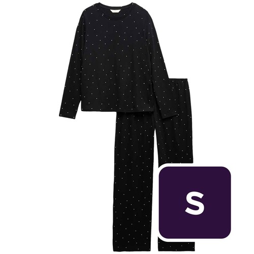 M&S Womens Pure Cotton Printed Pyjama Set, Small, Black Mix
