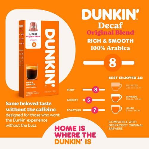 Dunkin Decaffeinated Nespresso Compatible Coffee Pods