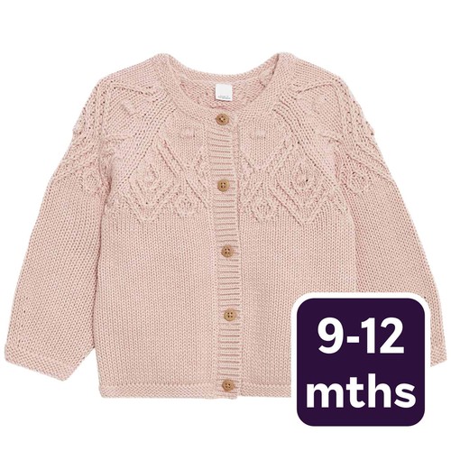 M&S Collection Girls, Pure Cotton Patterned Cardigan, 9-12 Months, Pink