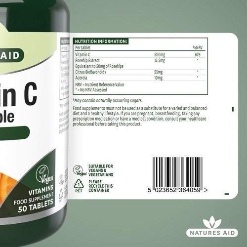 Natures Aid Chewable Vitamin C Supplement Capsules 500mg 