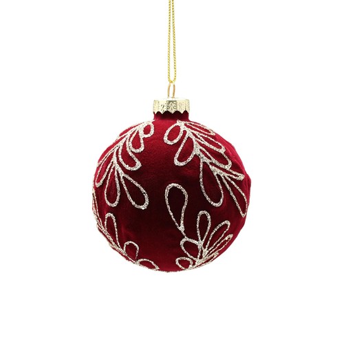 Burgundy Flocked/Gold Microbead Glass Ball 8cm