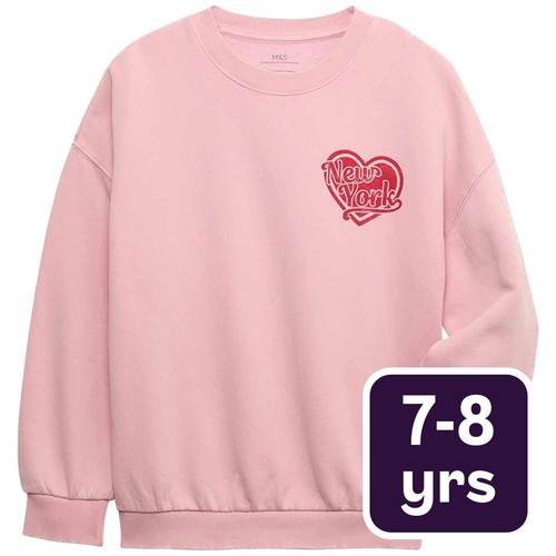 M&S Girls Rich New York Heart Sweatshirt, 7-8 Years, Pink