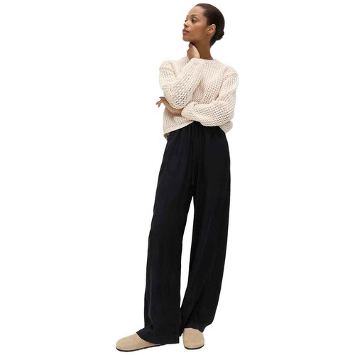 M&S Womens Drawstring Wide Leg Trousers with Linen, Size 18, Regular, Black