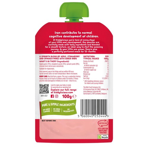 Kiddylicious Strawberry, Spinach & Apple Pouch Snack Baby Food 6+ months