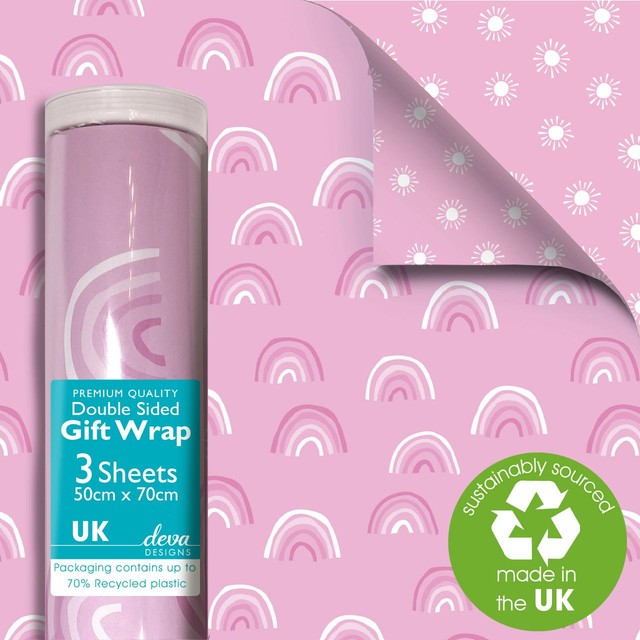 Deva Designs Pink Rainbow Double Sided Gift Wrap Sheets 3 Sheets, 50cm x 70cm