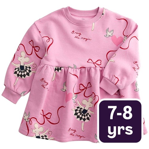 M&S Printed Sweat Dress, 7-8 Y, Rose