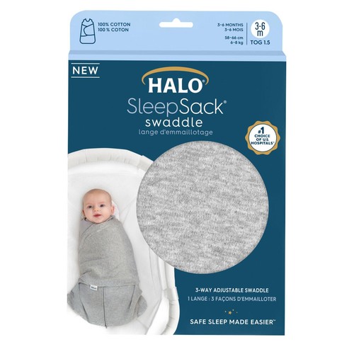 Halo SleepSack 1.5 TOG 100% Cotton Heather Grey Swaddle, 3-6 mths