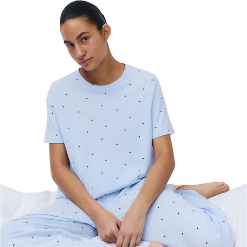 M&S Womens Pure Cotton Printed Pyjama Set, M, Light Blue
