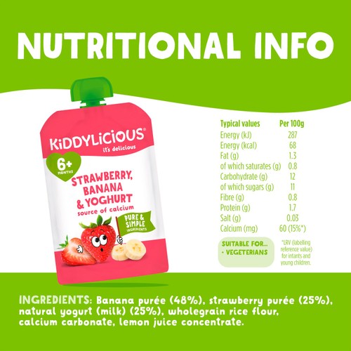 Kiddylicious Strawberry, Banana & Yoghurt Pouch Snack Baby Food multi 6m+