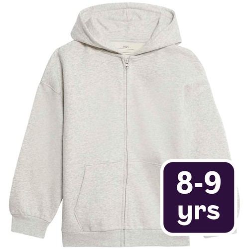 M&S Girls Cotton Rich Zip Hoodie, 8-9 Years, Grey Marl