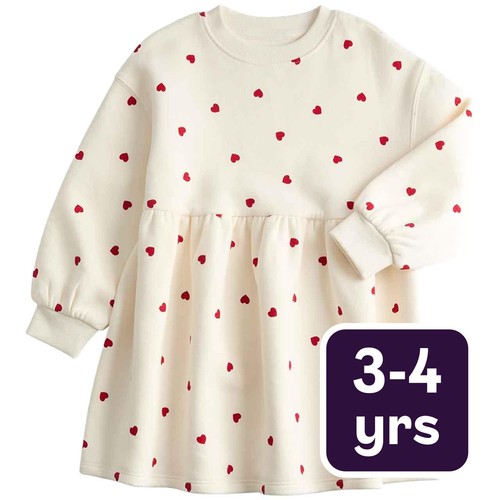 M&S Girls Ditsy Heart Dress, 3-4 Years, Ecru Mix