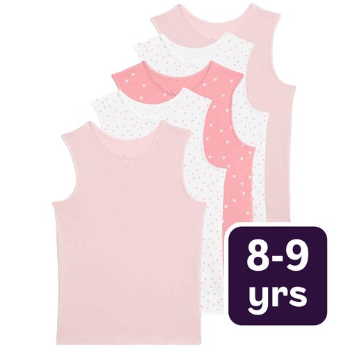 M&S Girls Pure Cotton Heart Print Vests, 8-9 Years, Pink Mix