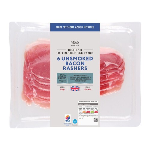 M&S British Outdoor Bred 6 Unsmoked Bacon Rashers Made Without Nitrites