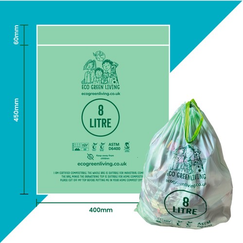 Eco Green Living Certified Compostable Small 8L Drawstring Caddy Bin Liner