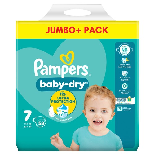Pampers Baby-Dry Nappies, Size 7 (15kg+) Jumbo+ Pack