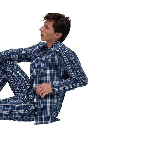 M&S Mens Pure Cotton Checked Pyjama Set, S, Blue