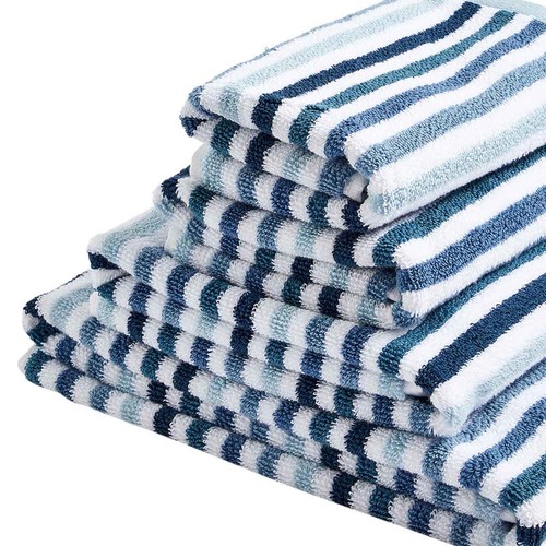 M&S Pure Cotton Striped Towel, Hand Towel, Blue