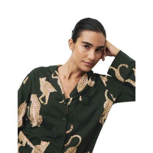 M&S Womens Cotton Modal Printed Revere Pyjama Set, L, Dark Green