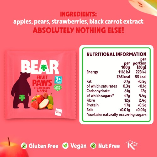 BEAR Strawberry & Apple Fruit Paws Kids Snack Multipack