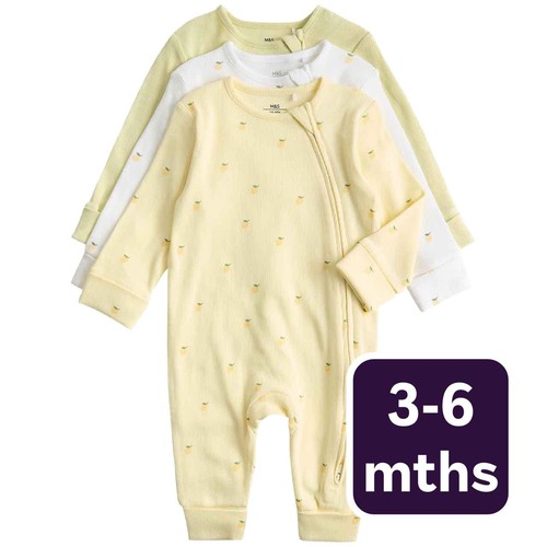 M&S Girls Cotton Rich Lemon Sleepsuits, 3-6 Months, Yellow