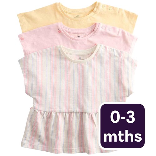 M&S Girls Pure Cotton Patterned Tops, 0-3 Months, Multi