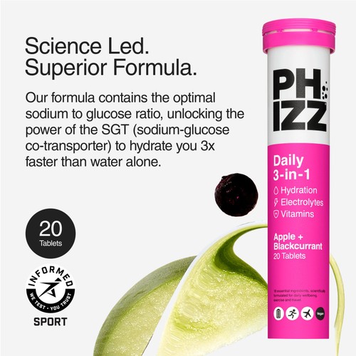 Phizz Apple+Blackcurrant 3in1 Hydration, Electrolyte & Vitamin Effervescent