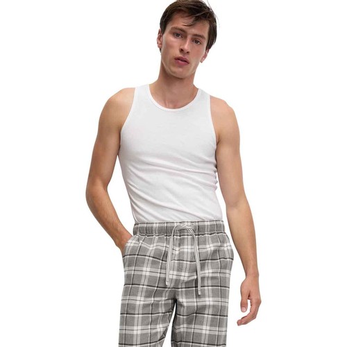M&S Mens Pure Cotton Checked Loungewear Bottoms, XL, Grey
