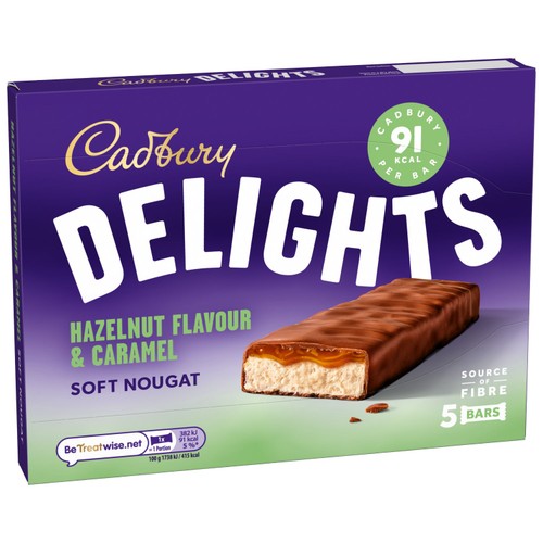 Cadbury Delights Soft Nougat Hazelnut & Caramel Chocolate Bars
