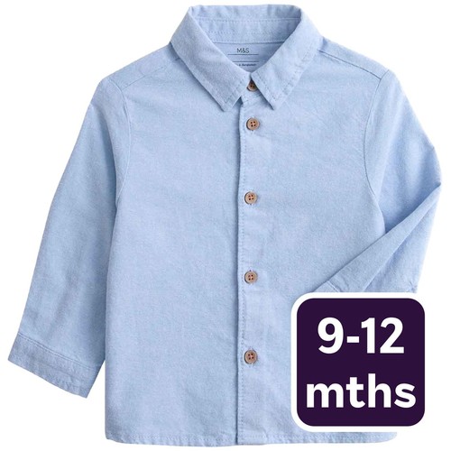 M&S Boys Pure Cotton Shirt, 9-12 Months, Blue