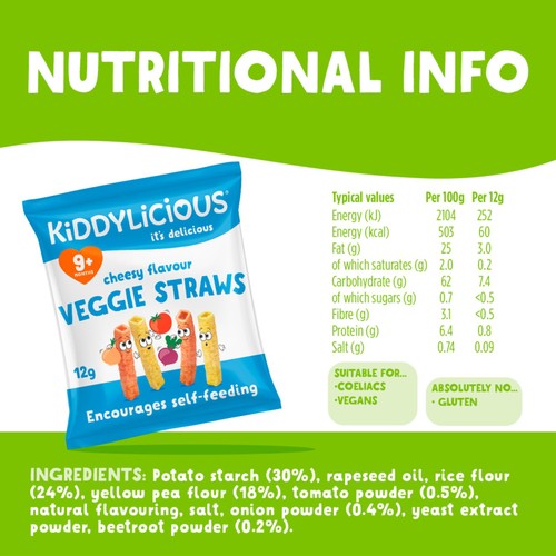 Kiddylicious Cheesy Flavoured Veggie Straws Baby Snacks Big Pack
