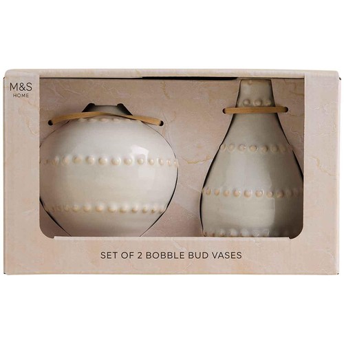M&S Set of 2 Bobble Bud Ceramic Vases, Soft White