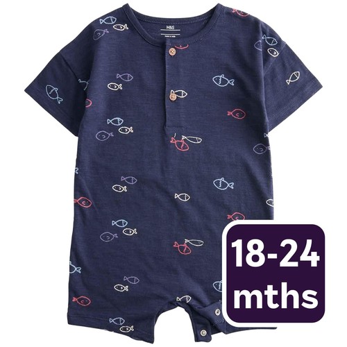 M&S Boys Pure Cotton Jersey Navy Fish Romper '18-24 Months Navy