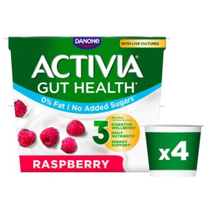 Activia Raspberry Fat Free No Added Sugar Gut Health Fruit Yoghurt Multipack 4 x 115g