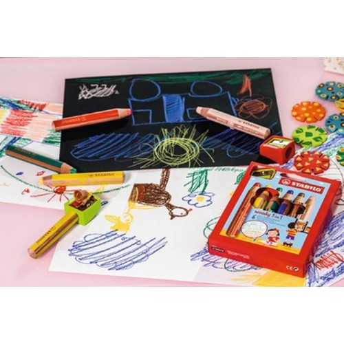 STABILO woody 3 in 1 colouring pencils wallet of 6 colours + sharpener 