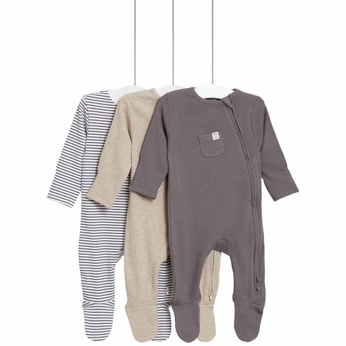 M&S Collection Girls, Cotton Striped & Plain Sleepsuits, 6-9 Months, Grey