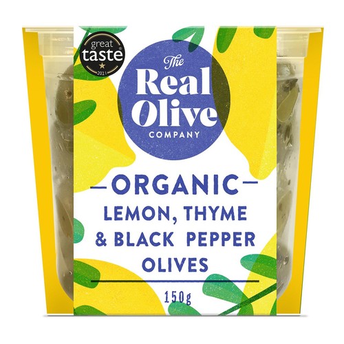 Real Olive Co. Organic Lemon, Thyme & Black Pepper Olives.