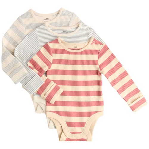 M&S Boys Cotton Rich Striped Long Sleeve Bodysuits, 0-3 M, Red