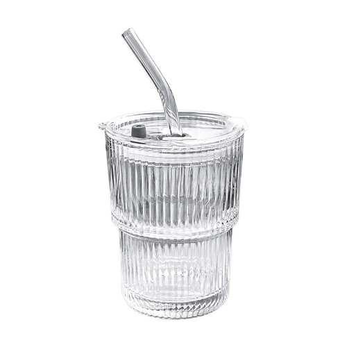Cooke & Miller Ribbed Glass Cup With Straw & Lid 360ml