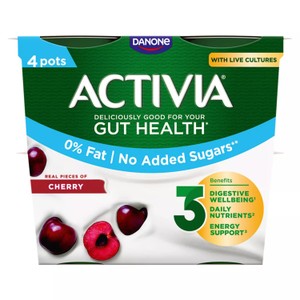 Activia Cherry No Added Sugar Fat Free Gut Health Yoghurt Multipack 4x115g
