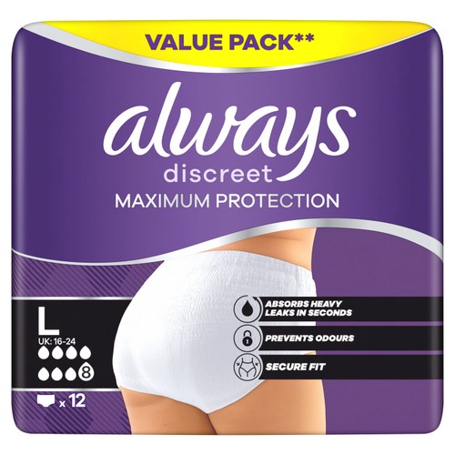 Always Discreet Maximum Protection Pants Large Value Pack 12 Count