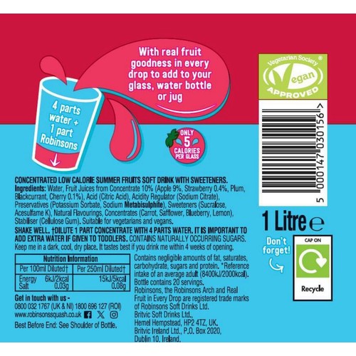 Robinsons Single Strength Summer Fruits No Added Sugar