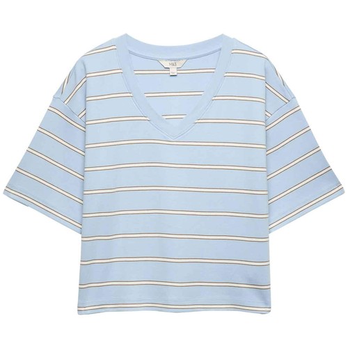 M&S Womens Pure Cotton Heavyweight V-Neck Top, Size 12, Blue Mix